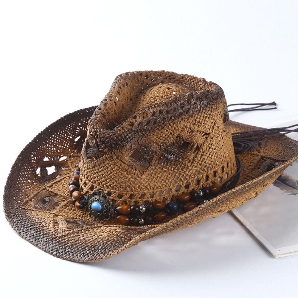 Beads Western Cowboy Hat Wide Brim Panama Cap Fashion Sunscreen Straw Hat  Travel
