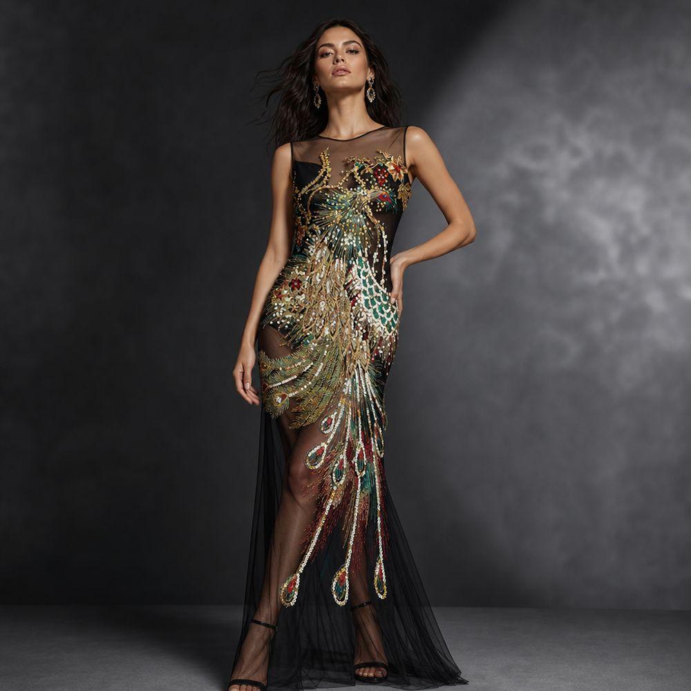 Peacock Phoenix Peacock Phoenix Appliques Black Mesh Lace Fabric Gown Appliques Gown Decoration