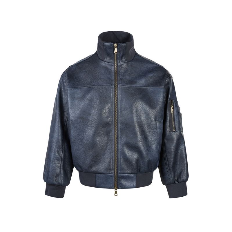 

Cabbage Coke American Retro Pu Leather Autumn and Winter Jacket with a High-End Feel, Thickened Lychee Leather Texture Bomber Cotton Jacket Dark Blue 2XL