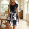 Women's Fashion Colorblock Printed Lace-up Short Sleeve Round Neck Splicing Short Dress