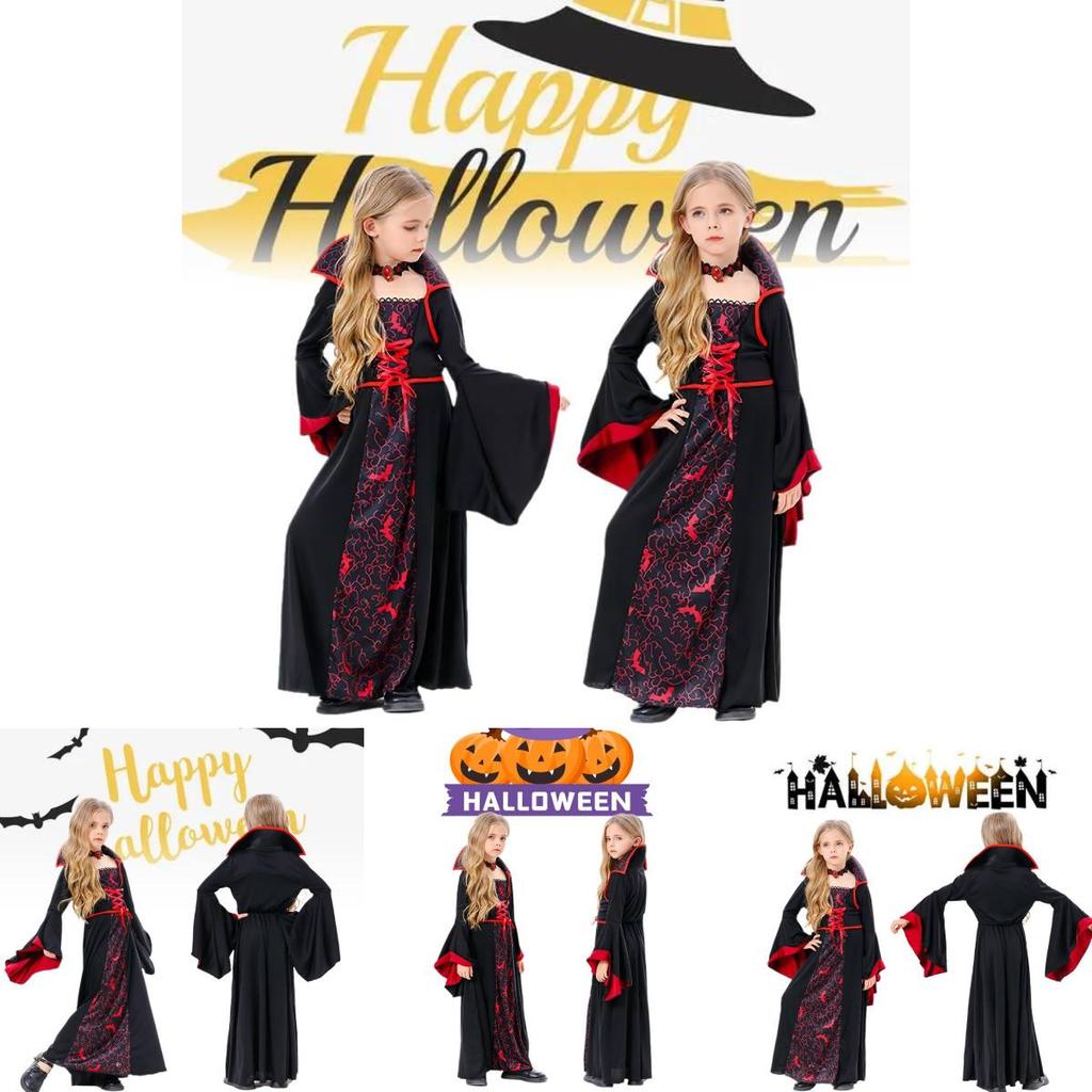 Spooky Halloween Witch Costume For Kids Black Polyester Scary Girl Party Outfit