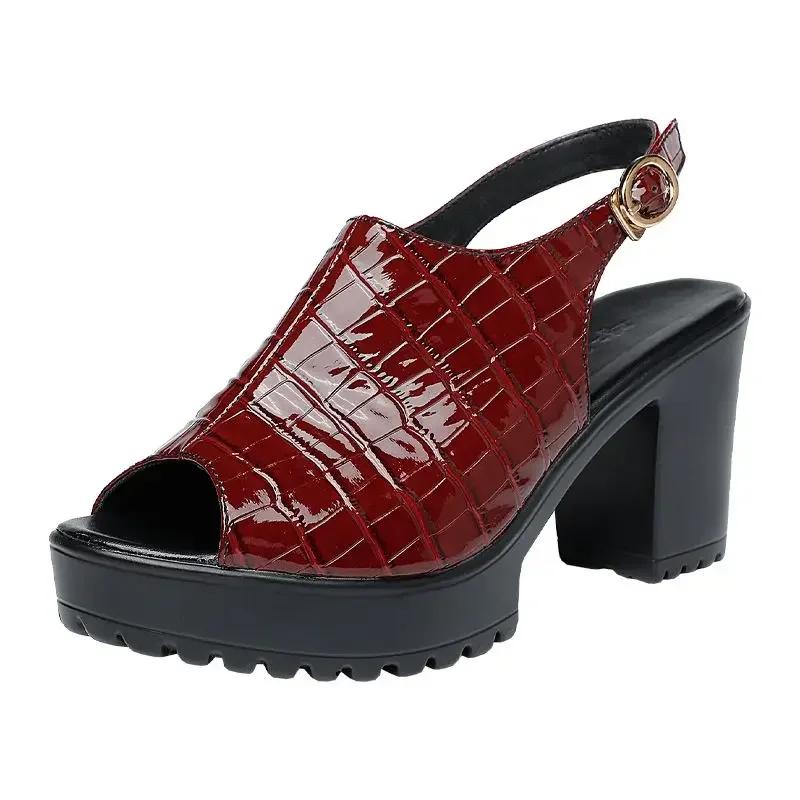 Small Size 32-43 Elegant  Block High Heels Sandals Patent Leather Shoes Summer 2025 Thick Platform Sandals Women Office Model