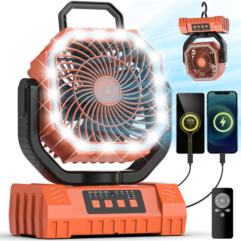 20000mAh Tent Fan, Rechargeable Camping Fans for Tents with Auto-Oscillation, Remote Timer LED Lantern, Hanging Hook 4 Speeds for Fishing Power Outage