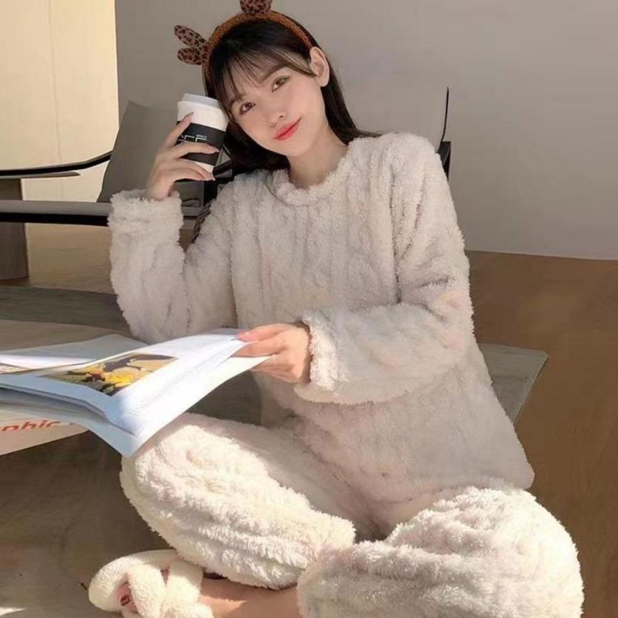 Autumn Women Solid Color Warm 2 Piece Sets Insulated Velvet Ribbed Fleece Pullover and Pants Set Female Casual Pajama Sets