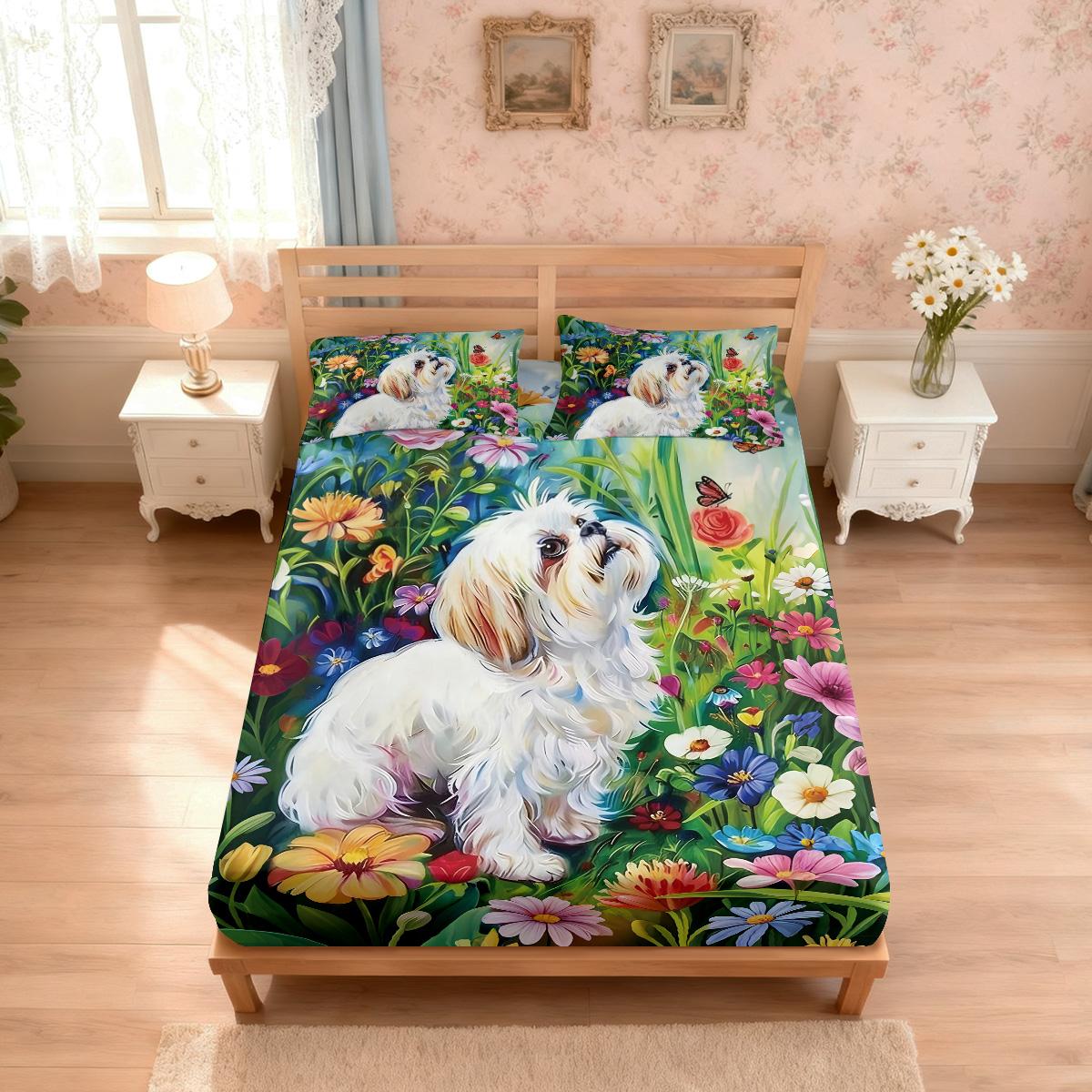

3Pcs Beautiful Flower Puppy Printed Chipless Bed Sheet Set Multi Size Soft Bed Cover Bedroom Bedding Machine Washable 90x191cm
