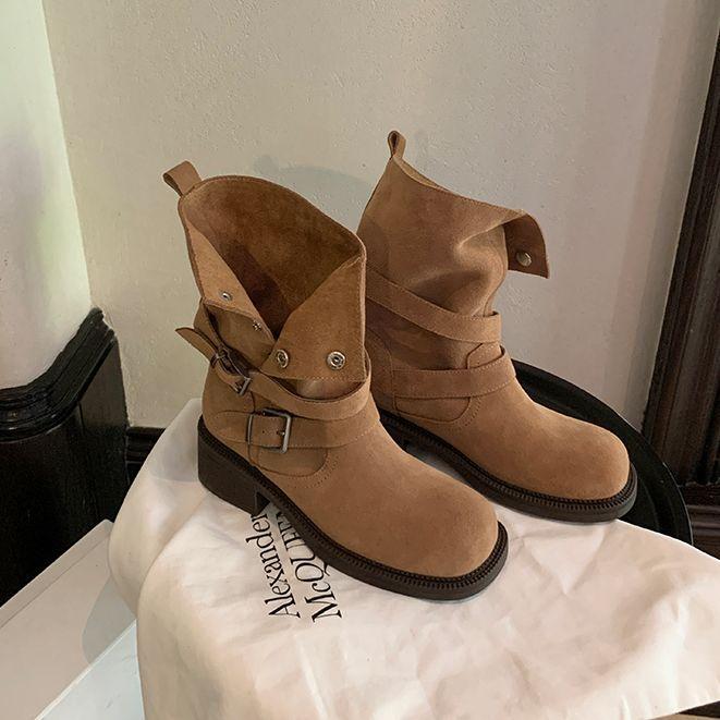 

5.5Cm~ Height-increasing Merad thick-heeled thick-soled medium boots 2025 new buckle-strapped suede short boots women s autumn 40 хакі