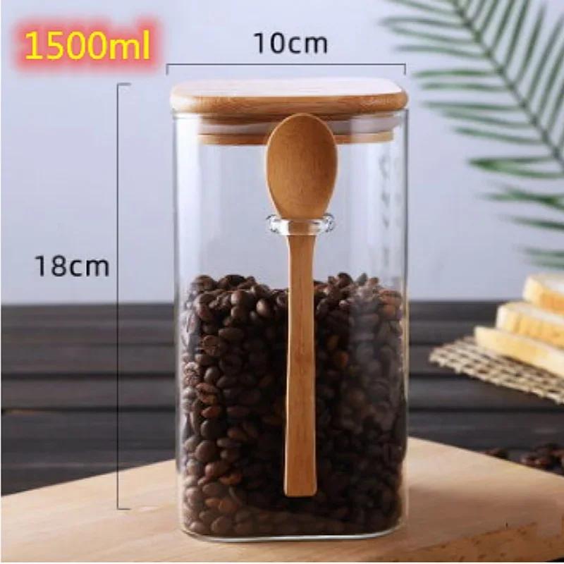 1000/1200/1500mL Square Sealed Glass Storage Jar with Spoon and Bamboo Lid Coffee Bean Grain Seasoning Food Storage Containers