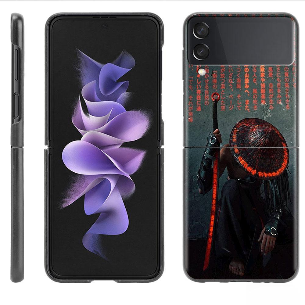 Case For Samsung Galaxy Z Flip 3 4 5G Black Hard PC Phone Housing Z Flip4 Segmented Cover Landscape Ink Painting Japan Samurai