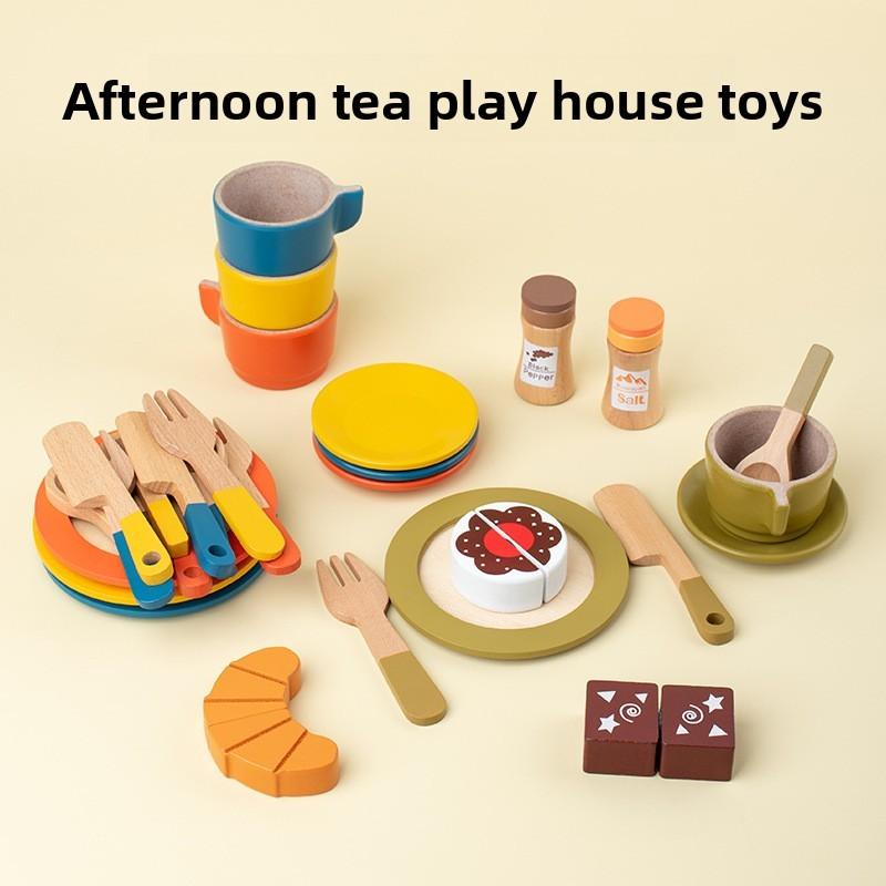 Childrens Tea Set With Wooden Cake And Pastry Playset For Imaginative Role Play
