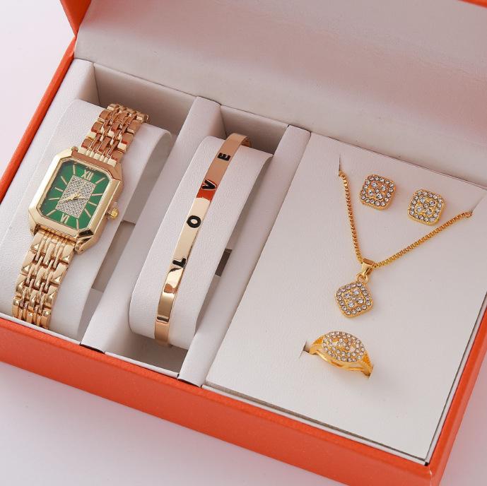 Popular Gift Set, Light Luxury Full Diamond Women'S Watch Necklace, Bracelet, Stud Earrings, And A Gift Box For Mother'S Day.