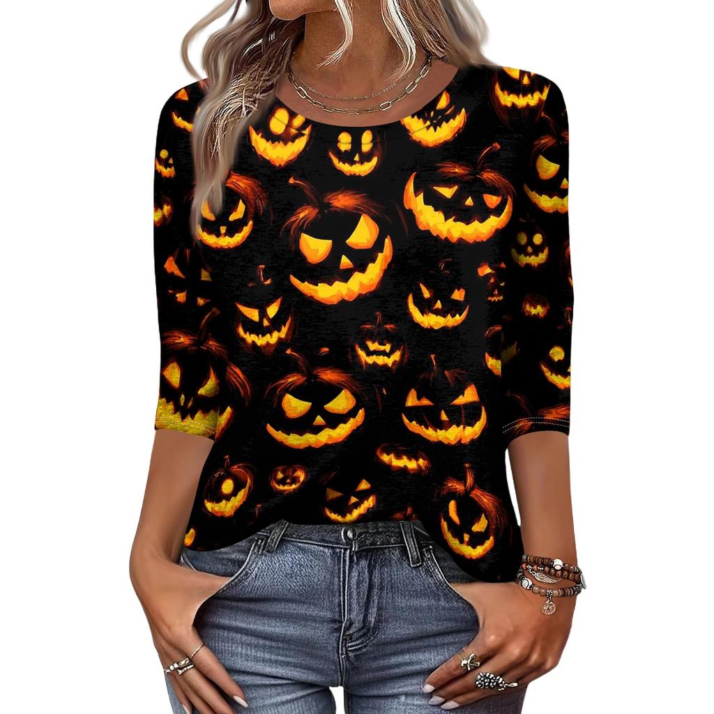 Women Casual 3/4 Sleeve Halloween Print Pullover Top Round Neck Lightweight Soft Fabric Comfortable Fit