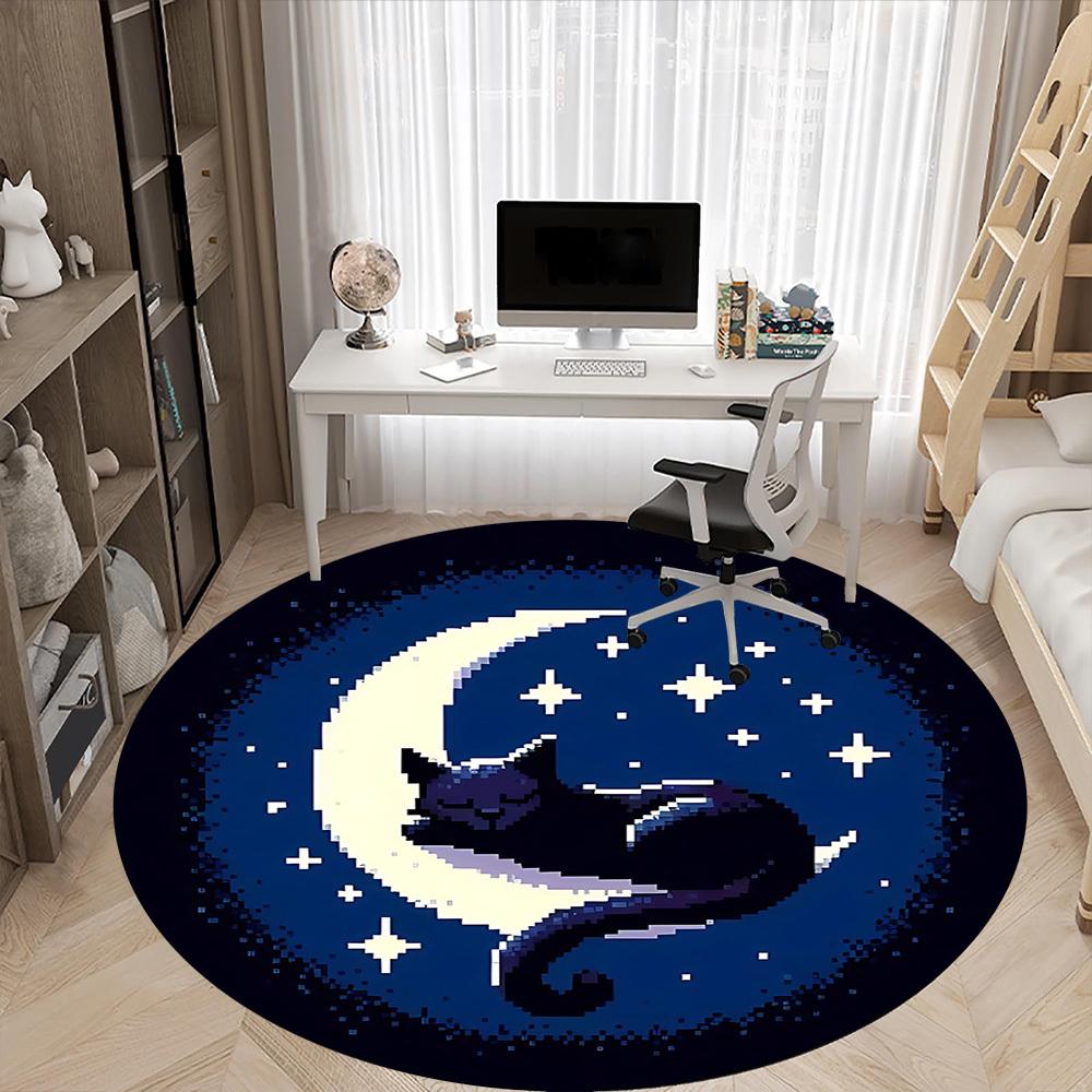 1 Stück Mond Katze Büro Runder Teppich, Matte Geeignet Für Büro, Unter Bürostühlen Schlafzimmer Wohnzimmer Heimdekoration, Raumdeko