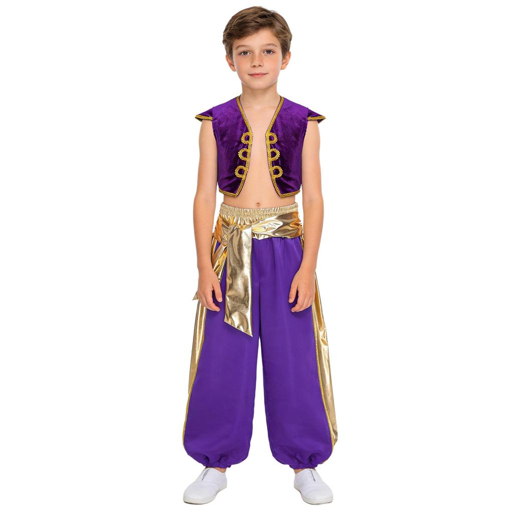 Set Costume da Principe Arabo per Ragazzo Manica a Cappuccio Gilet Intrecciato Patchwork Metallico Lucido Pantaloni a Palloncino Color Contrasto