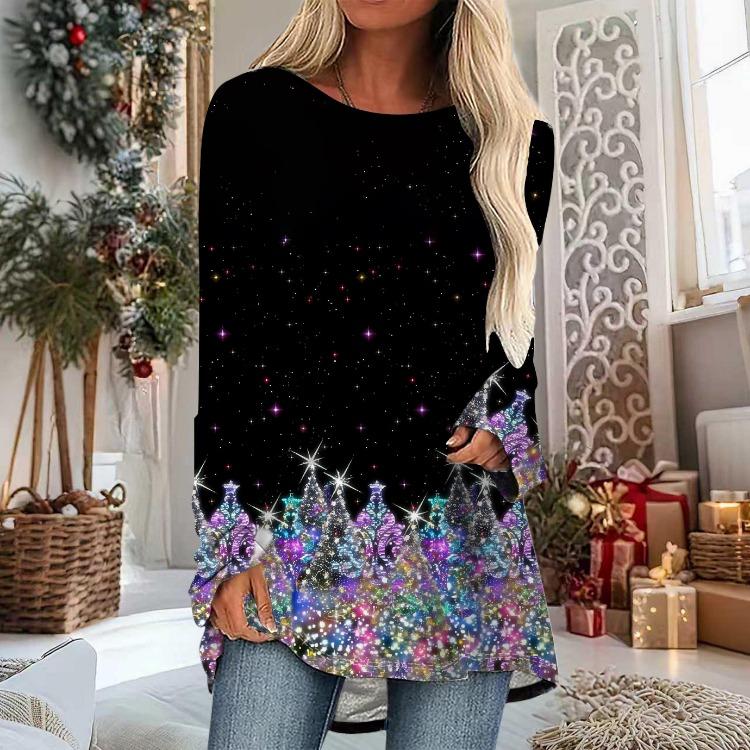 Christmas Snowman Printed Plus Size Women Tops Comfy Long Sleeve Round Collar Baggy T-shirt Casual Mid Length Tee Spring