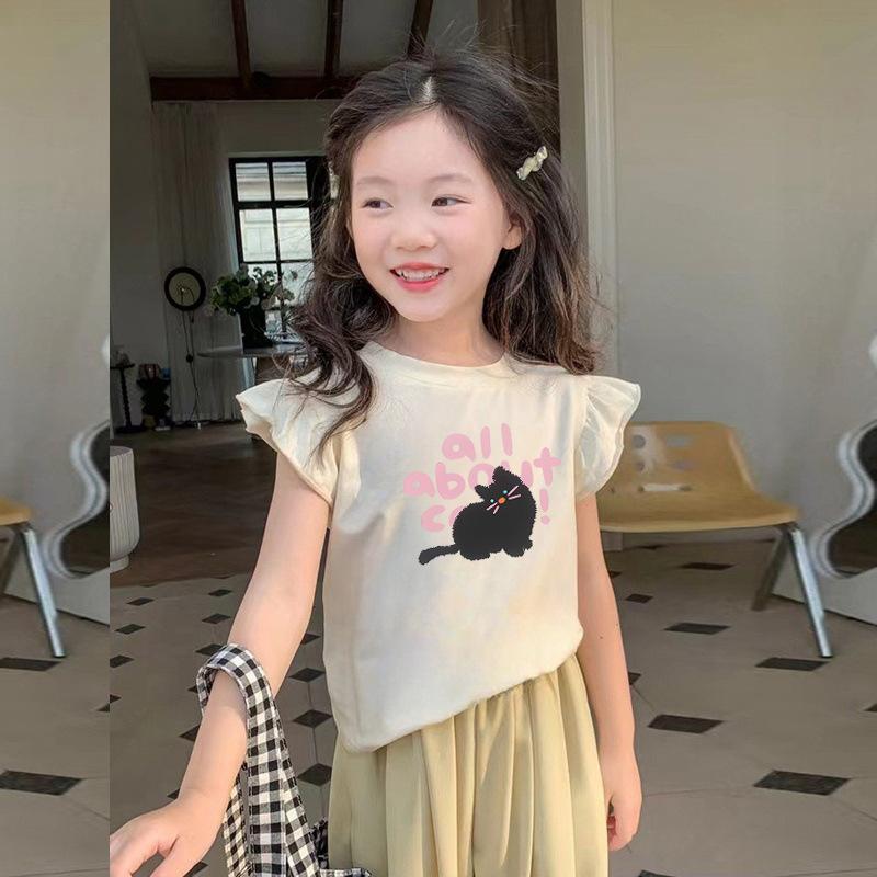 Girls Summer Sweet Flutter Sleeve T Shirt Pure Cotton Short Sleeve Top Cute Casual Tee 90