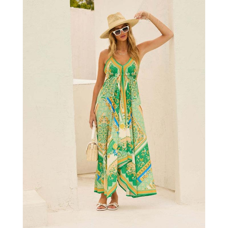 Summer off-shoulder V-neck women's suspender printed long dress for women