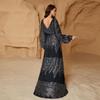 Sizzling European & American Chiffon V-Neck Sequin Evening Gown with Slit & Waist-Cinching Long Sleeves