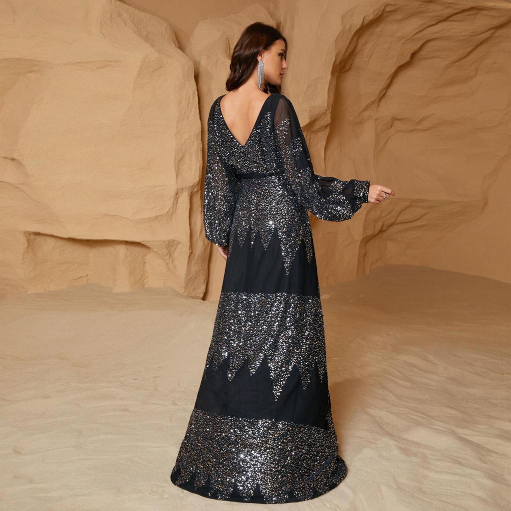 Sizzling European & American Chiffon V-Neck Sequin Evening Gown with Slit & Waist-Cinching Long Sleeves