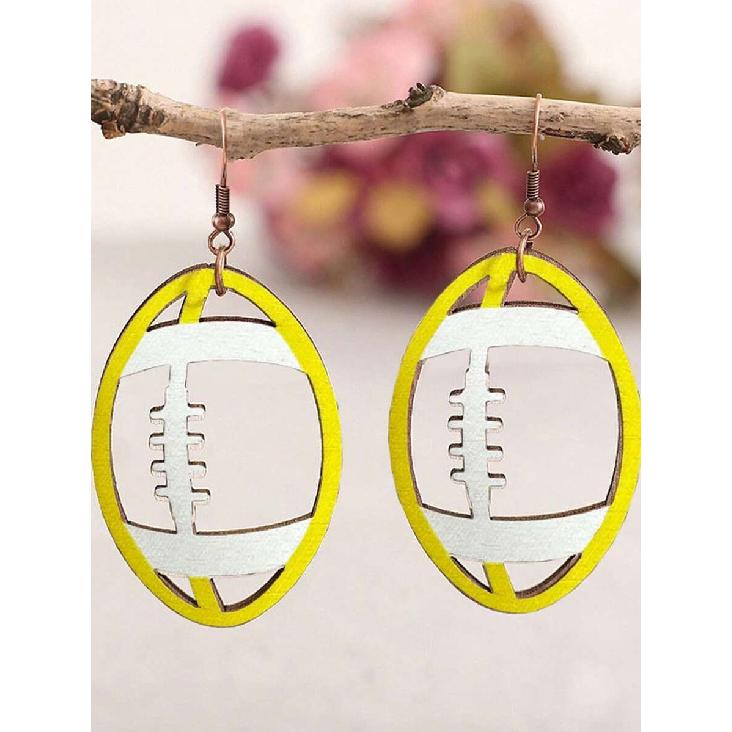 1 Pair Football Shaped Wooden Earrings For Women, Hollow Carved Sports Style Fan Earrings
