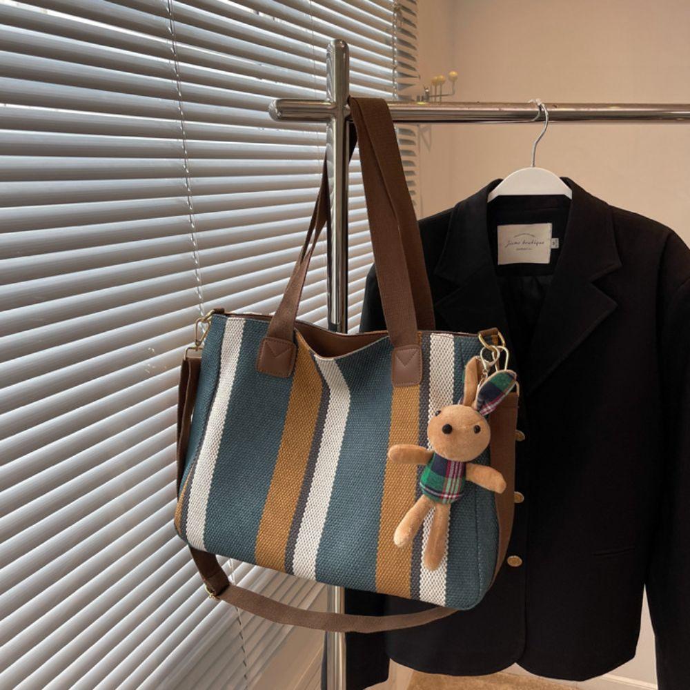 Versatile Stripe Tote Bag Casual Women's Bags Trendy Canvas Shoulder Bag  Shopping Bag