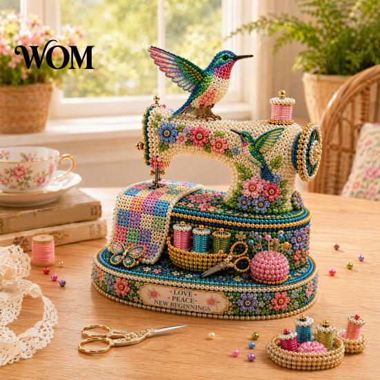 Beaded Flower And Bird Decor Tiny 3D Sewing Machine DIY Kit for Kids & Adults, Exquisite Hummingbird Handmade Bead Creative Beadwork Project
