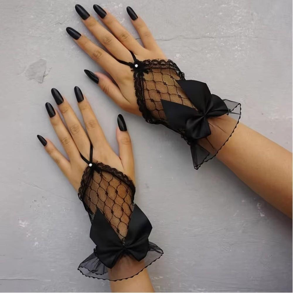 1 Pair Mesh Hollow Mesh Hand Sleeves with Handmade Ribbon Bow Bride Sheer Gloves  Bridal Wear