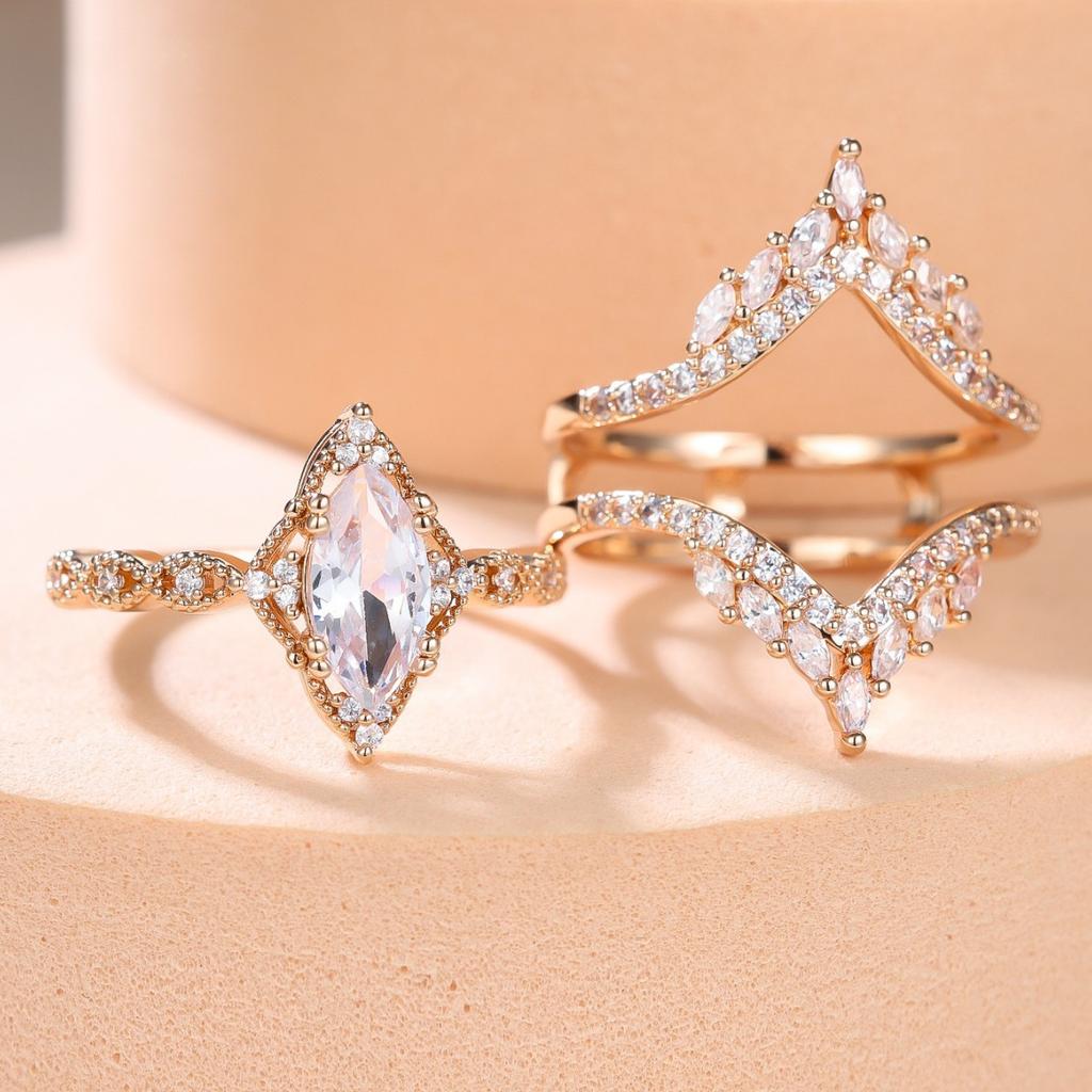 Small Geometric Luxury Female White Zircon Stone Ring Set Fashion Vintage Gold Color Bridal Wedding Engagement Jewelry for Women