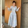 Spring Holiday Crochet Lace Embroidery Hollow Out Floral Print Party Dress Women's Long Sleeve Pearl Buttons Up Belt Clothing