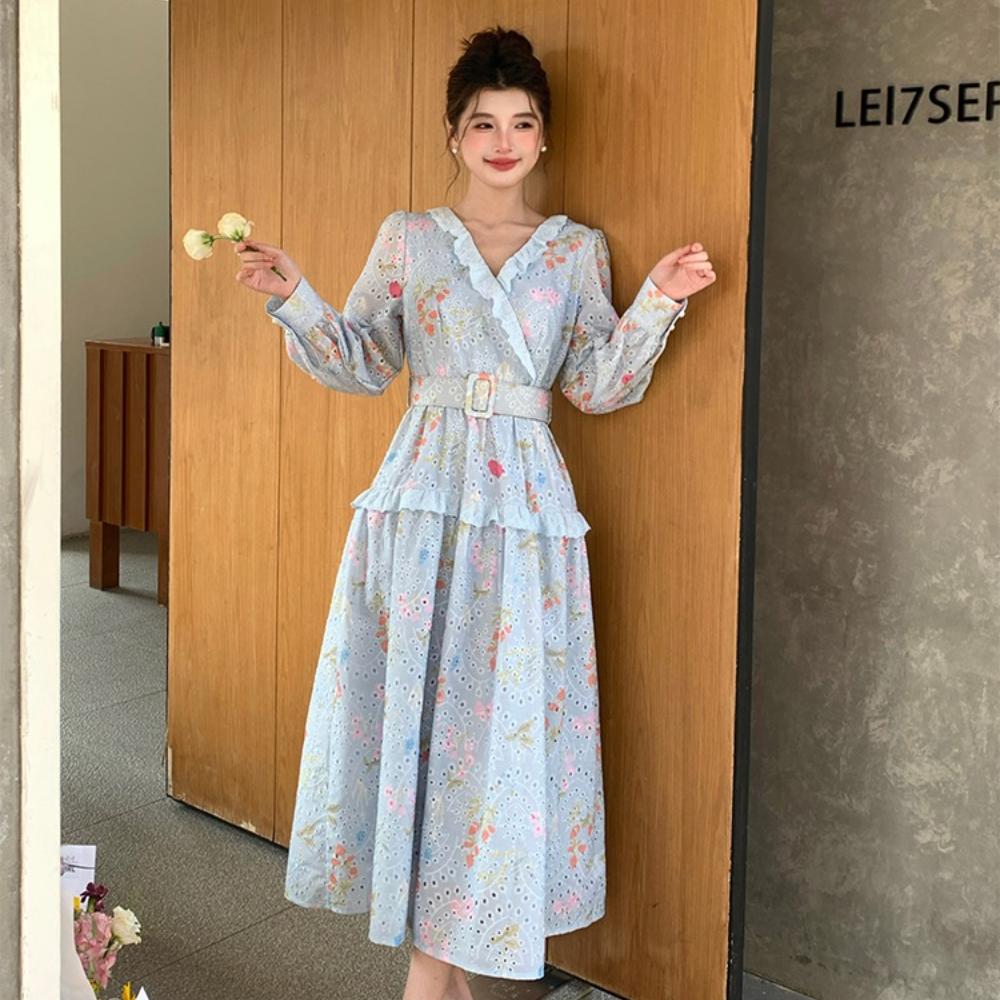 Spring Holiday Crochet Lace Embroidery Hollow Out Floral Print Party Dress Women's Long Sleeve Pearl Buttons Up Belt Clothing