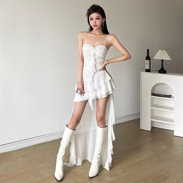 French Beautiful White Suspender Dress Women's Summer Slim Waist Trailing Skirt Gentle and Thin Super Fairy Dress
