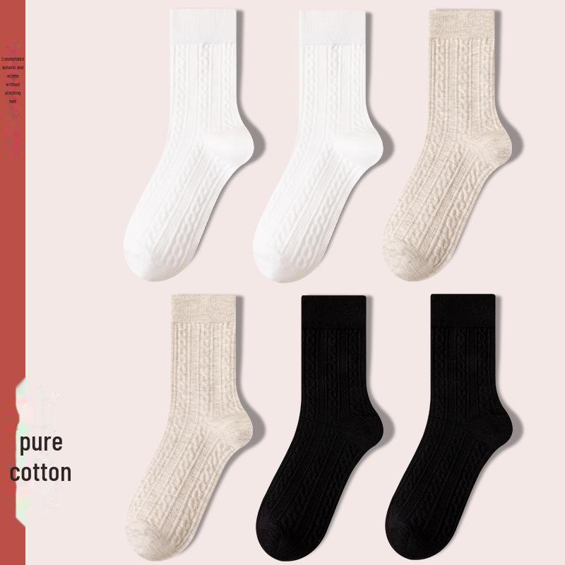 Women's Retro Twist Pure Cotton Mid-Tube Socks - Antibacterial, Deodorant, Autumn/Winter, White Long Socks.