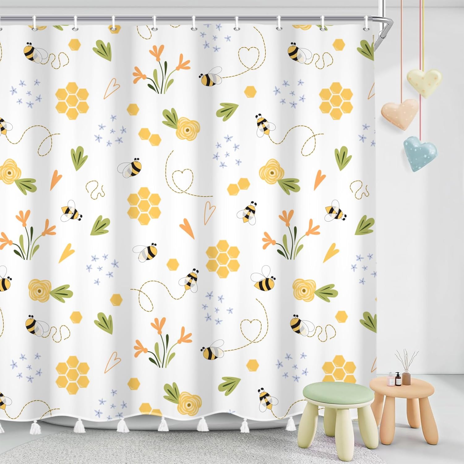 Tonnika Chen Cartoon Bee Shower Curtain With Tassel Honeycomb Honey Rustic Floral Farmhouse Shower Curtain For Bathroom Kids Honey Dormitory