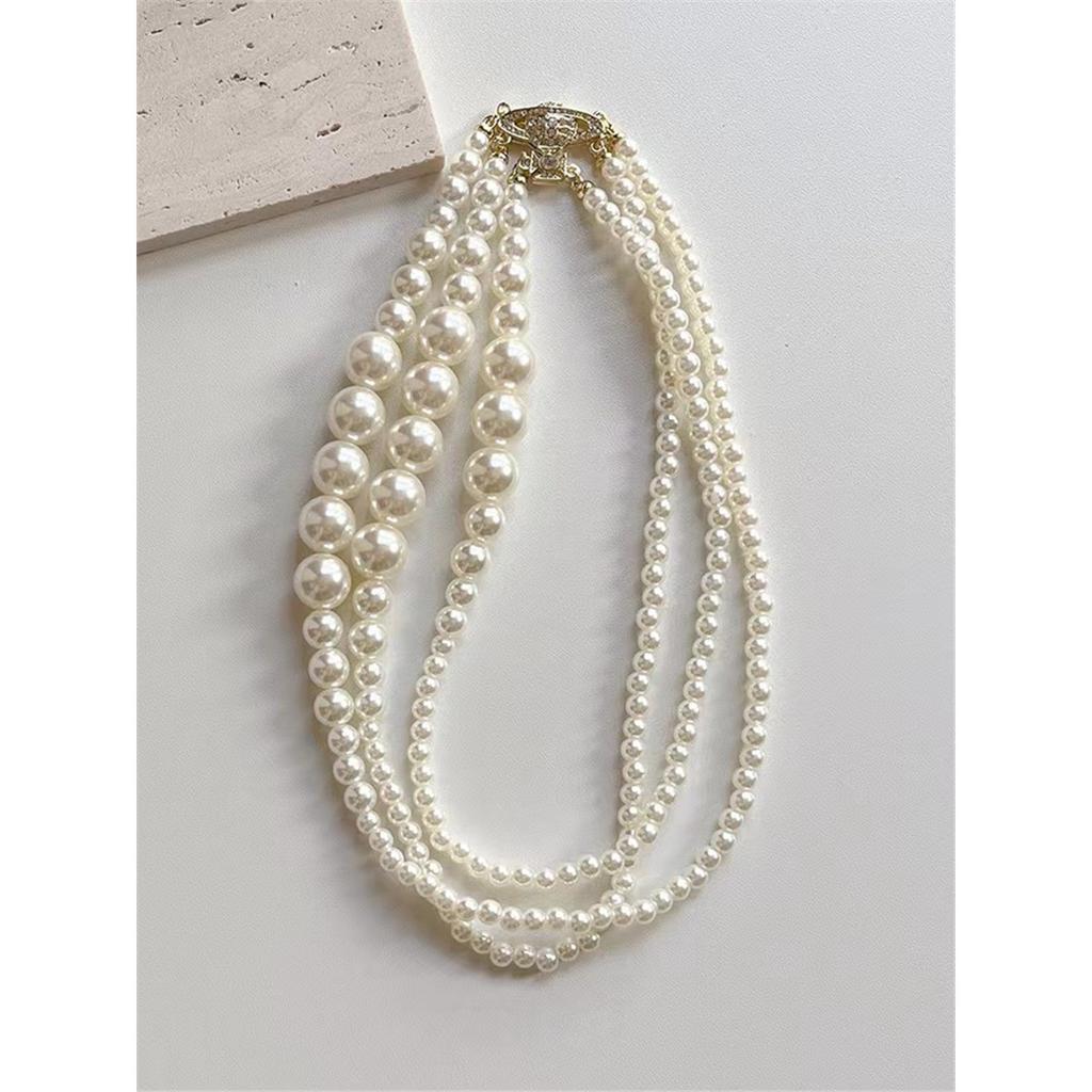 Tooxika Triple Gradient Pearl Magnetic Clasp Saturn Necklace Luxury Collar Chain For Women