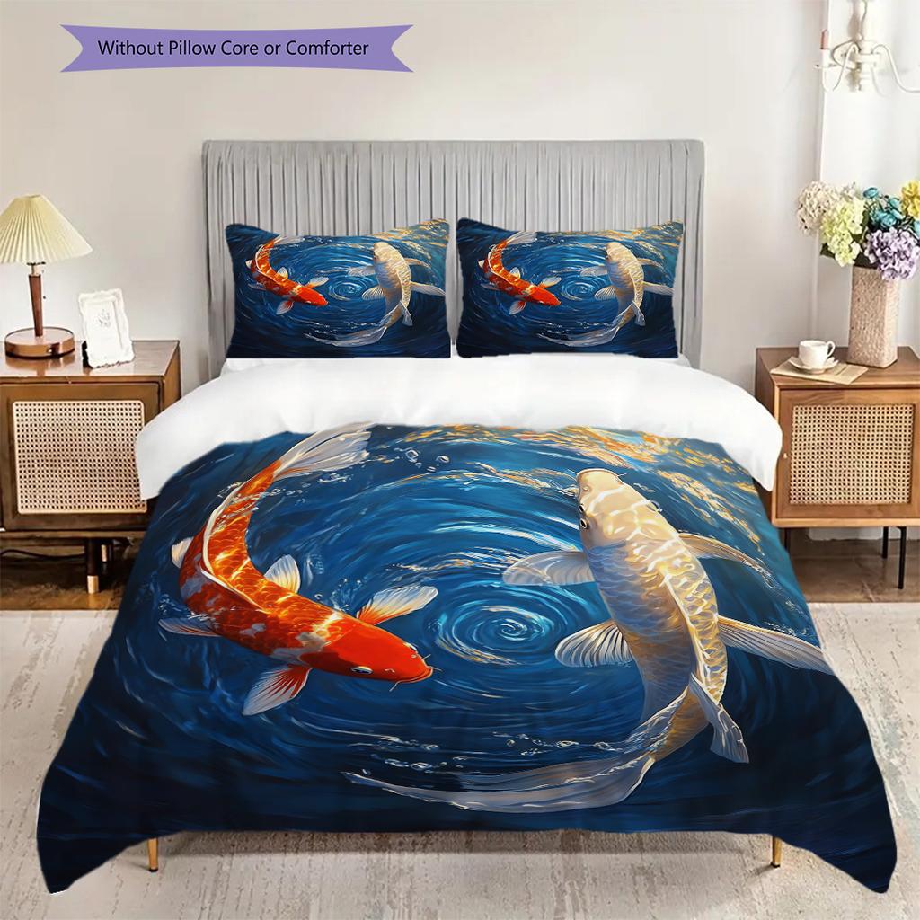 Koi Fish Pattern Bedding Quilt Set Quilt Cover Pillowcase Home Decoration Birthday Gift (1 * Duvet Cover + 2 * Pillowcase, Without Core)