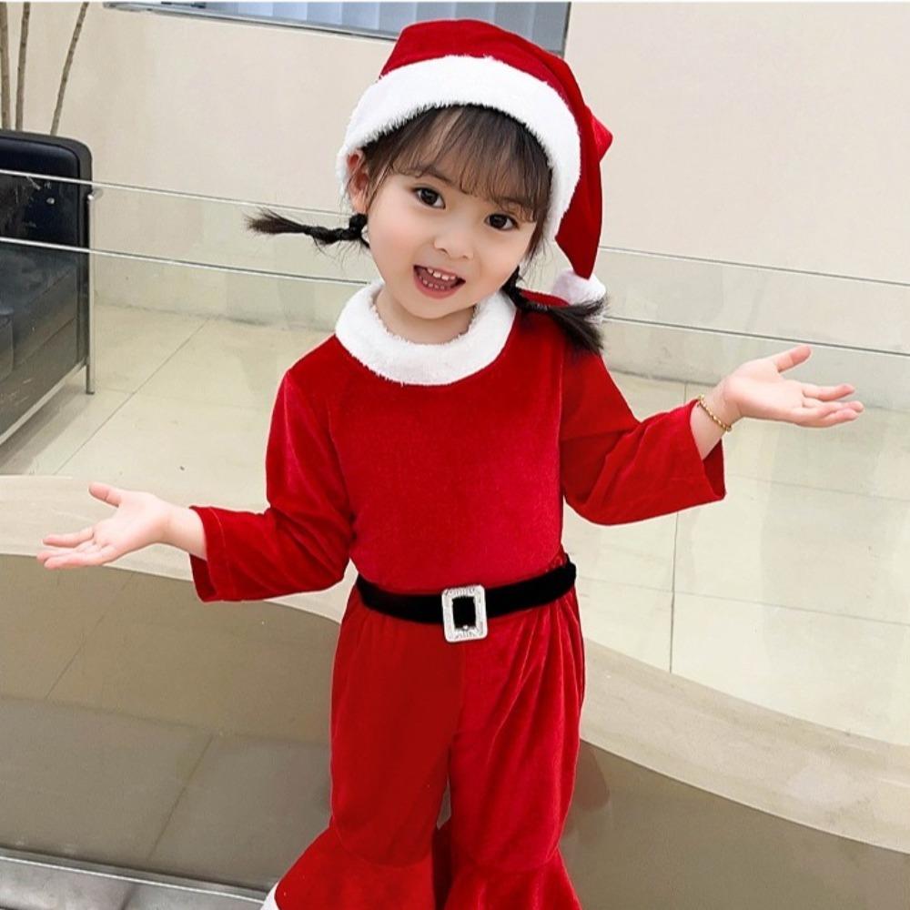 Red Santa Claus Children Christmas Clothes Cosplay with Top Pants Hat Performance Costume Set Elf Outfits Soft Plush