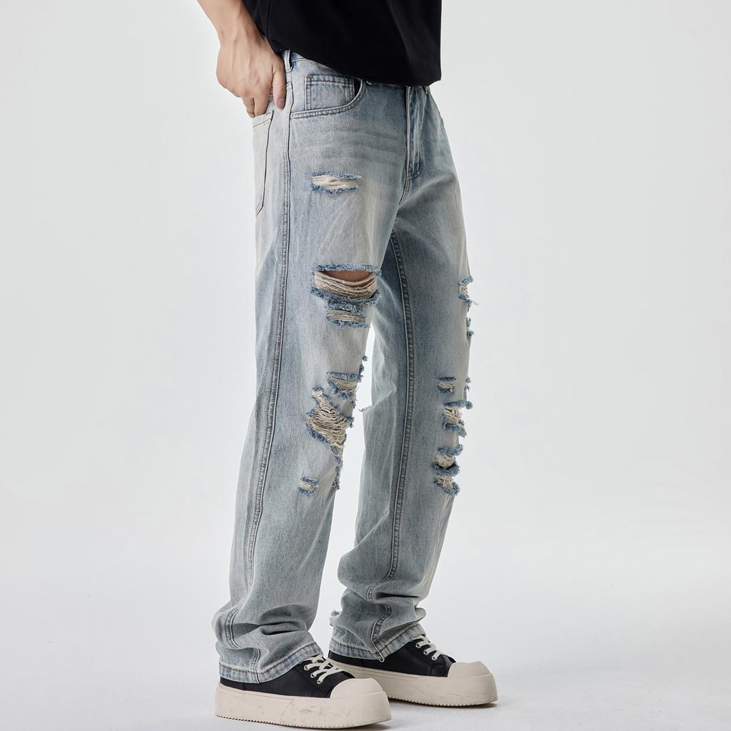 Summer Retro Old Ripped Jeans Men and Women Ins Trendy American Street Hiphop Straight Pants High Street Trousers