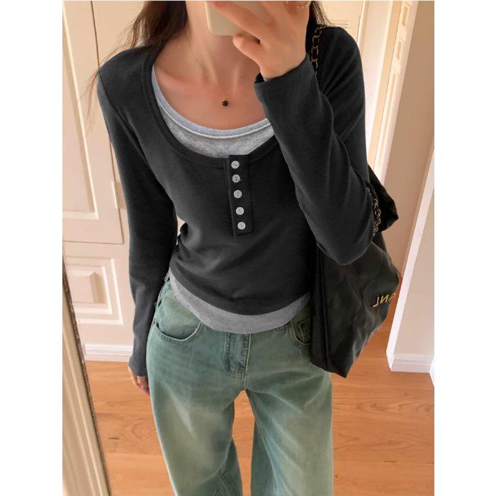 

Женская футболка с квадратным вырезом, длинными рукавами и облегающего кроя - Модный осенний дизайн M темно-серого