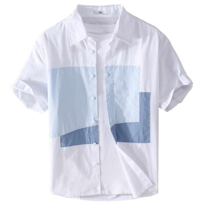 Men's Japanese-Style Summer Color-Block Short-Sleeve Cotton Shirt