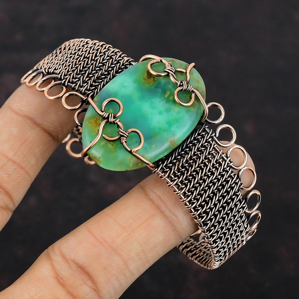 Chrysoprase Bangle Copper Wire Wrapped Bangle Adjustable Cuff Bracelet Handmade Gemstone Bracelet Copper Wire Wrapped Jewelry Gift For Women