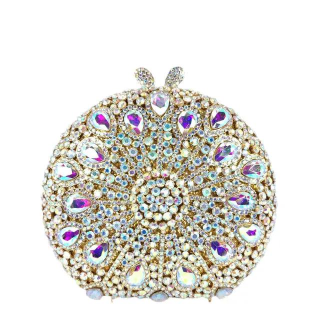 

Boutique De FGG Round Circular AB Crystal Clutch Evening Bags for Women Formal Party Rhinestone Handbags Bridal Party Purse Bag Mini Size