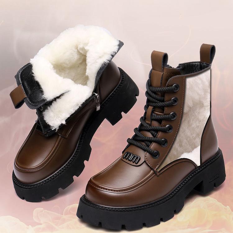 Kožené a kožešinové integrované sněhule pro ženy Zimní vlněné boty pro ženy Retro teplé bavlněné boty se silnou podrážkou s plyšovými a silnými bavlněnými botami
