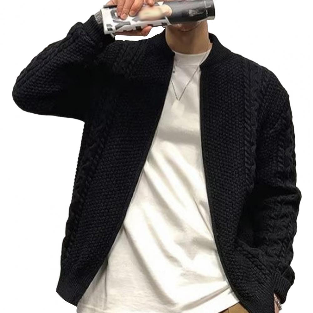 

Осень-зима мужской свитер кардиган круглый вырез вязать толстый эластичный длинный рукав свободный теплый однотонный трикотаж на молнии повседневная одежда Sw M чёрный