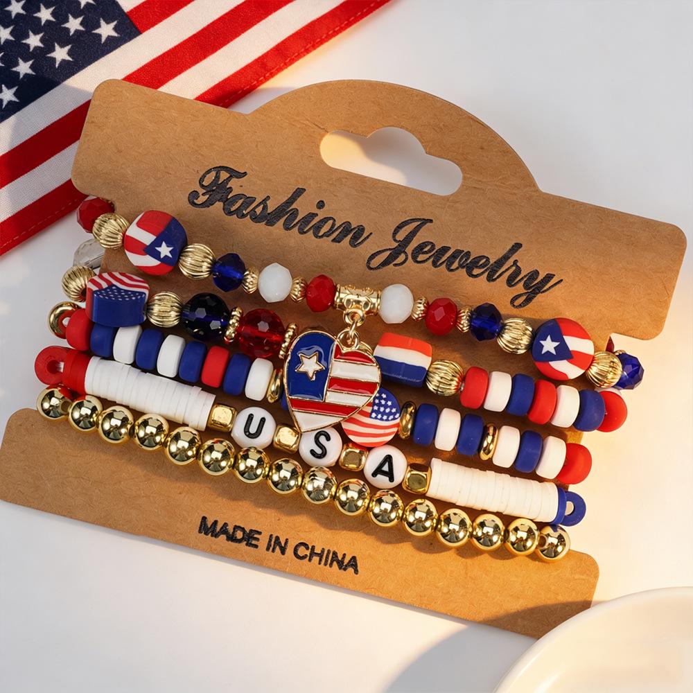 Independence Day Red, White & Blue Beaded Bracelet Set with Artificial Crystal & Polymer Clay