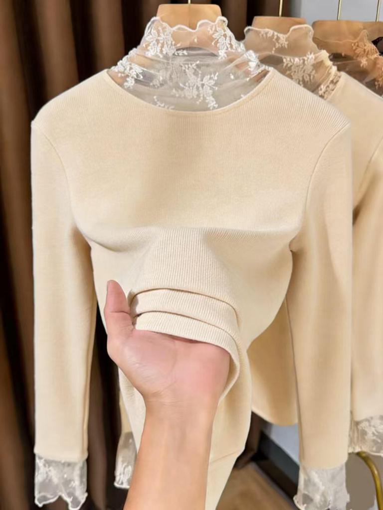 Women's Brushed Lace Base Layer Top: High Neck, Long Sleeve, Ruffled Collar, Slim Fit - Autumn/Winter Arrival