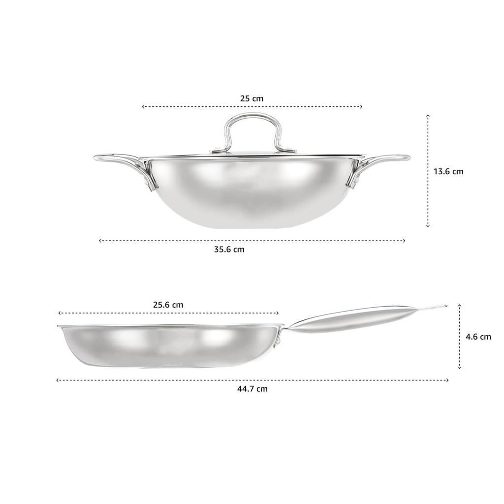 Triply Stainless Steel 2 Piece Cookware Set (Kadhai/Wok with Lid-24 Cm, Fry Pan-24 Cm) Induction and Gas Stove Compatible