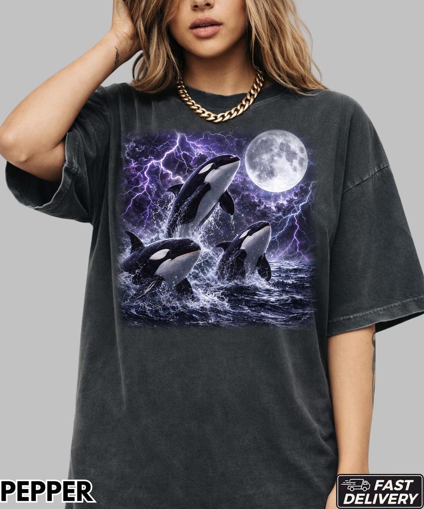 Vintage Orca Purple Lightnings 90s Graphic Shirt,90s Marine Life Top,Orca Lovers,90s Ocean Wildlife Tee,Vintage Orca Moon Tshirt,Orca Gift
