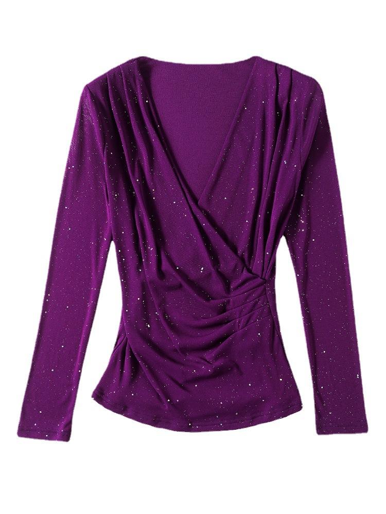 Cross V-neck Mesh Bottoming Shirt Women's Autumn Wear with Long-sleeved T-shirt Glitter Silk Top