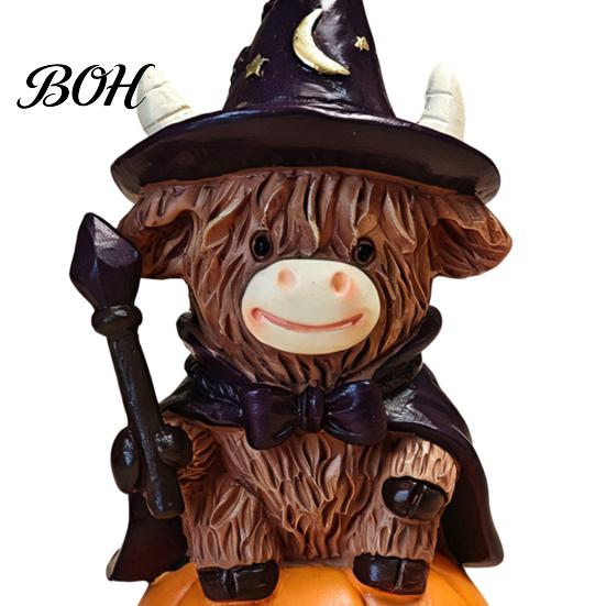 Decorative Cow Collectibles 2Pcs Halloween Highland Witch Ornament, Resin Figurine with Hat Pumpkin Broom Hand Painted Crafts & Skull, Cute Farmhouse