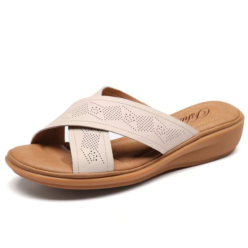 

Women s Real Leather Big Size Wedges Slipper Summer New Thick Sole Non Slip High Quality Outdoor Slippers Elderly Sandals 35 бежевий