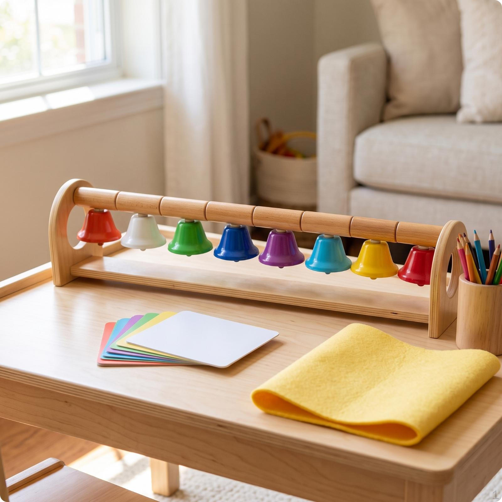 Wooden Percussion Toy Colorful with Metal Bells Solid Wood Bell Instrument for Young